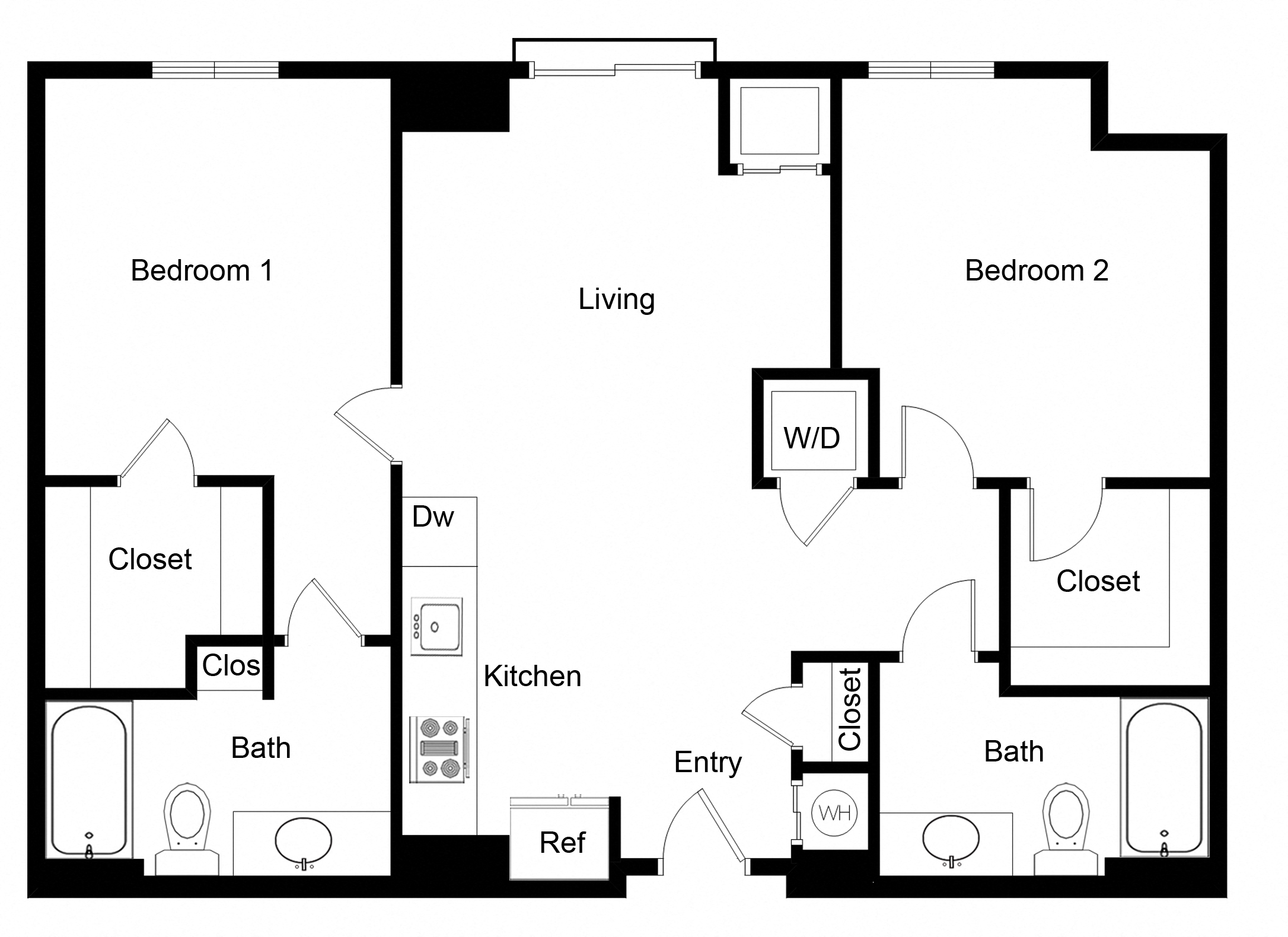 Floor plan for 2 beds, 2 baths, 1025 sqft